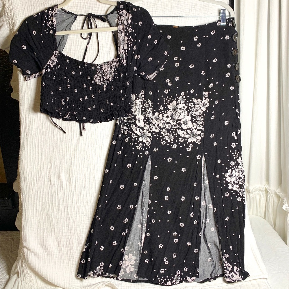 Free People Black Floral Two-Piece Crop Top & Skirt Set